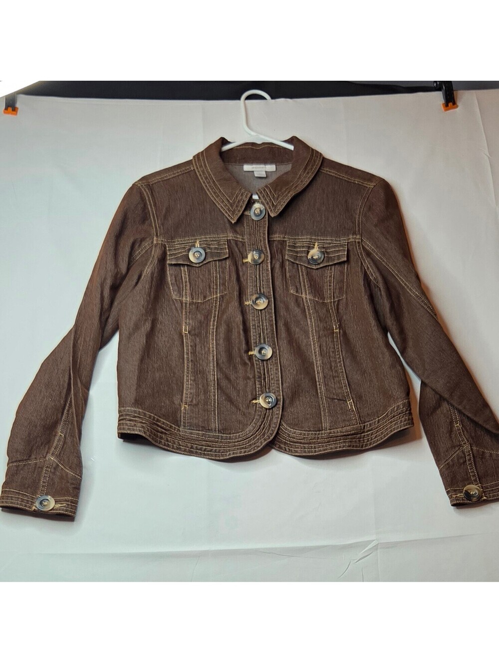 Vintage Dressbarn Brown Denim Jacket Contrast Stitch Cropped Large EUC